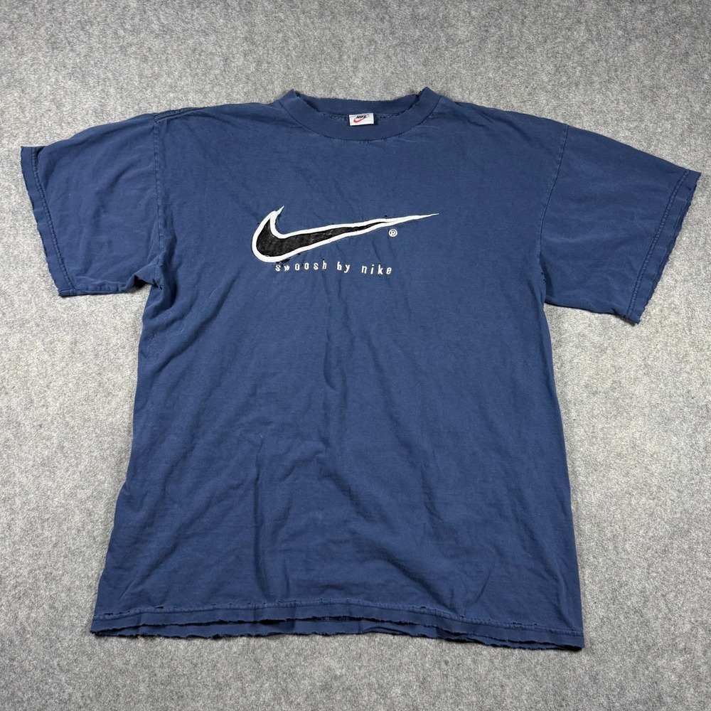Vintage Nike Swoosh by Nike Distressed Thrashed Navy Blue Graphic T-Shirt L 90s